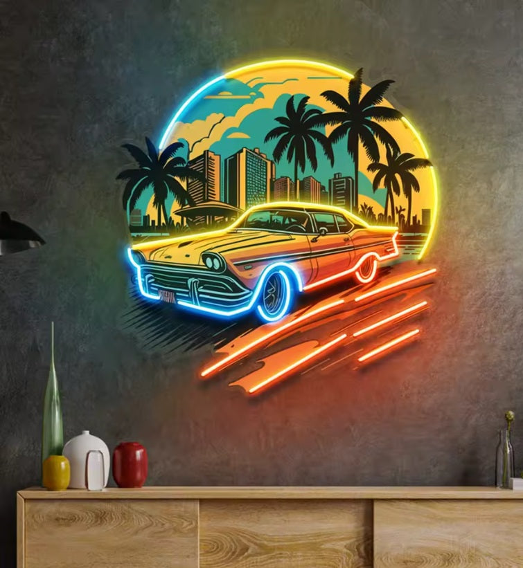 sunset car Neonkunstwerk